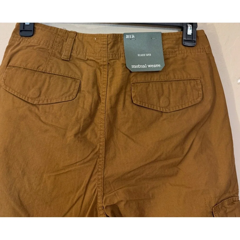 Mutual Weave Cargo Pants Men 30x34 Brown Relaxed Taper Ripstop Cotton UtilityNEW